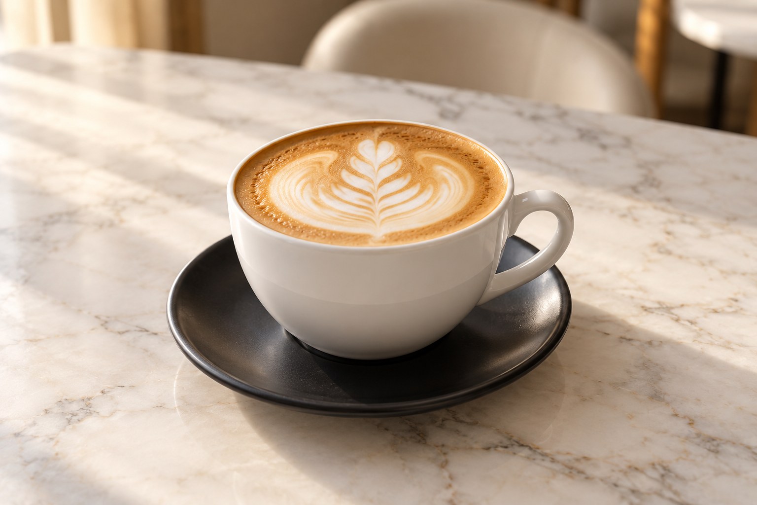 Capuchino con latte art, servido en cerámica blanca sobre mármol claro